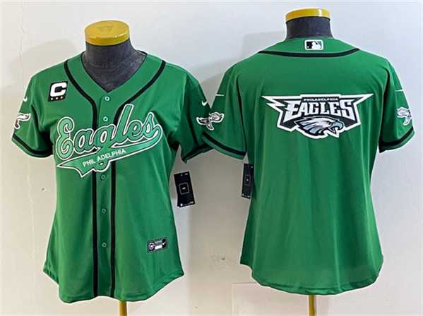 Women%27s Philadelphia Eagles Green Team Big Logo With 3-Star C Patch Cool Base Stitched Baseball Jersey(Run Small)